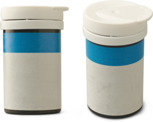 blood glucose test strip storage container isolated white background, mock-up template of compact vial with snap on lid and blank label, medical or healthcare related content