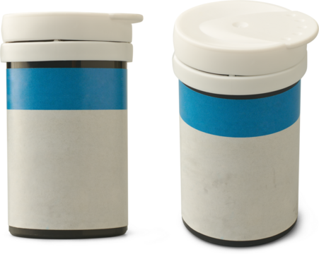 blood glucose test strip storage container isolated white background, mock-up template of compact vial with snap on lid and blank label, medical or healthcare related content - Powered by Adobe