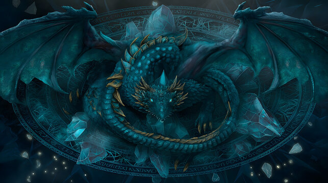 Hyperrealistic Norse Mythology Fafnir PNG Material | Turquoise-Black Dragon, Gold Hoard, Rune Gem, Nibelung Ring, Greed and Curse Symbol"
中文关键词