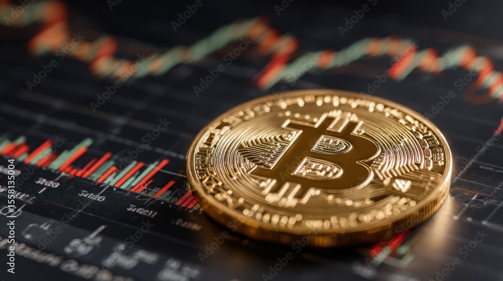 Aufkleber a shiny bitcoin coin is placed on a trading chart depicting various market trends. the graph display