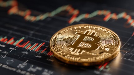A shiny bitcoin coin is placed on a trading chart depicting various market trends. The graph displays green and red lines representing price movements in the cryptocurrency market.