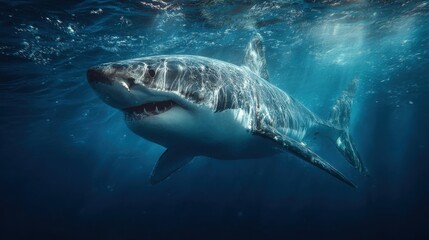 Naklejka premium A great white shark swims gracefully in the clear blue ocean, showcasing its powerful body and sharp teeth. Sunlight filters through the water, creating a stunning underwater ambiance.