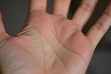 A close-up photograph of a human palm crease, with deep lines and soft shadows