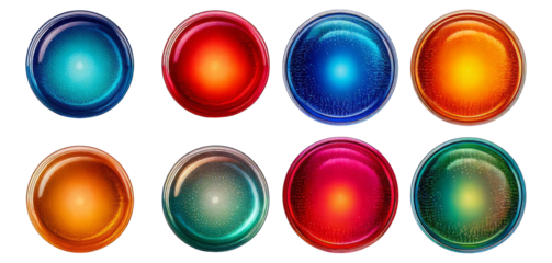 Colorful Glossy Buttons Collection with Gradient and Shine Effects, Isolated on Transparent, white background