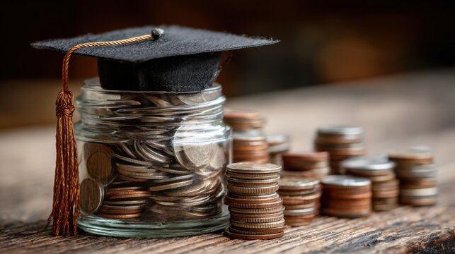 A glass jar, filled with coins, is topped with a small graduation cap. Nearby, stacks of coins are arranged, highlighting the financial aspect of education and savings. - Powered by Adobe