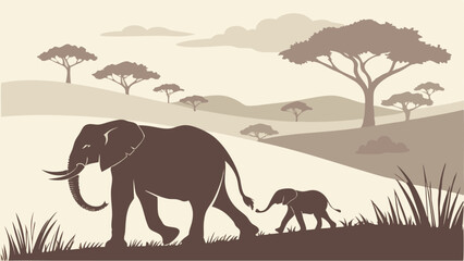 Fototapeta premium Silhouette of a mother elephant and baby walking in the savannah with trees and grass in the background
