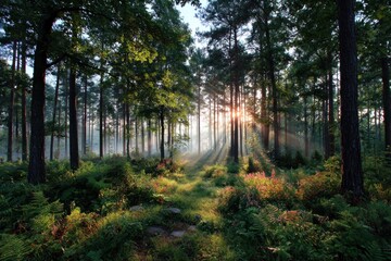 Obraz premium Sunrise in a misty forest (1)
