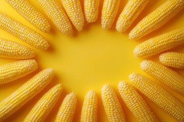 Fresh Corn Cobs Arranged in Circular Pattern on Bright Yellow Background with Copy Space.