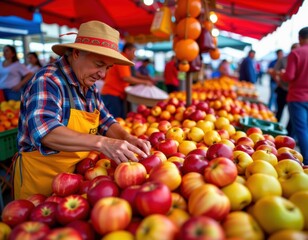 A vendor in a straw hat arranges fresh apples at a vibrant outdoor market stall under a red canopy.