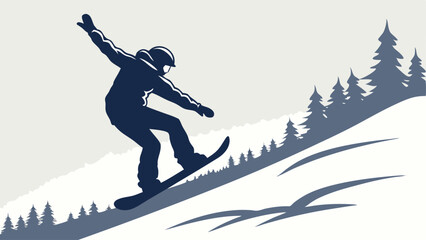 Silhouette of a snowboarder riding down a snowy hill with pine trees in the background on a winter day