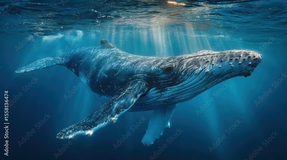 Poster a humpback whale glides effortlessly through the ocean, illuminated by dappled sunlight filtering fr