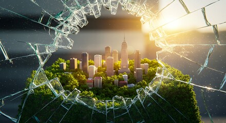 Fractured Future Sustainable City Bursting Through Glass, a Symbol of Hope and Resilience in Urban Ecology with Green and Modern Design