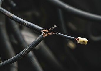 Damaged Car Wire A Close-Up View of Electrical Wiring with Visible Wear and Tear, Illustrating Car Maintenance Issues
