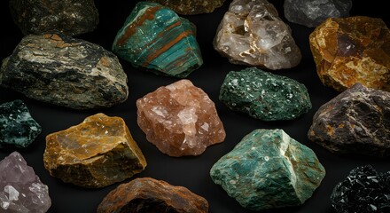Geological Gems Diverse Minerals on a Dark Surface. Earth's Treasures Displayed. Rock Formations. Colorful Gemstones on Black Backdrop.