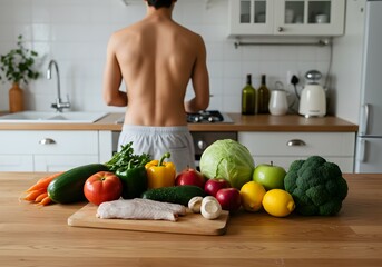 Healthy Meal Preparation Back View of Fit Man Cooking with Fresh Vegetables & Fish in Modern Kitchen for Health & Wellness Lifestyle
