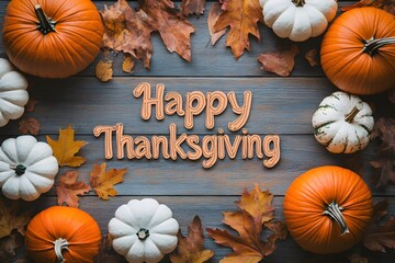 Happy thanksgiving greeting with pumpkins and fall foliage arranged on a rustic wooden textured background.