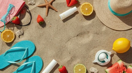 Top View of Colorful Summer Beach Essentials on Sandy Shore