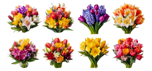 Colorful Flower Bouquets Arranged Beautifully for Spring Celebration, Isolated on Transparent, white background