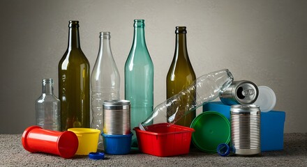 Recyclable Materials Glass Bottles, Aluminum Cans, and Plastic Containers for Sustainable Waste Management and Environmental Conservation