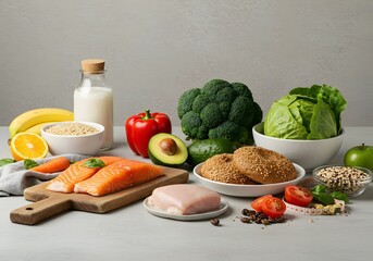 Vibrant & Healthy Food Composition Salmon, Fruits, Veggies, Milk & Grains for Balanced Diet & Wellbeing - Fresh, Nutritious Ingredients