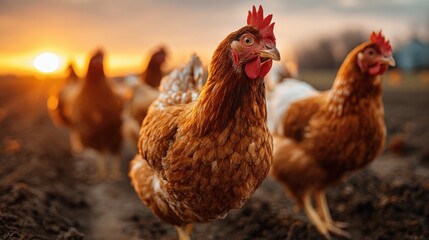 Fototapeta premium Chickens roam freely in a farm field during sunset, with warm golden light illuminating their feathers and creating a serene atmosphere in the rural setting.