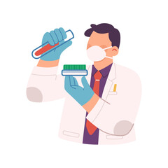Vector illustration of male scientist wearing lab coat and protective face mask, conducting experiments on plant varieties in a high-tech laboratory setting, innovation for future farming