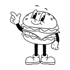 Retro Burger Mascot Pointing Up - Vintage Black and White Cartoon