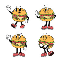 Retro Cartoon Burger Mascot Character Set