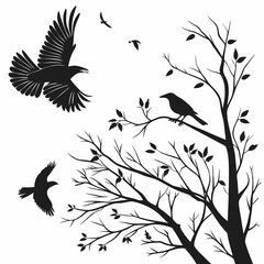 Fototapeta premium Silhouette of birds in flight and perched on a tree with leaves against a white background design art work