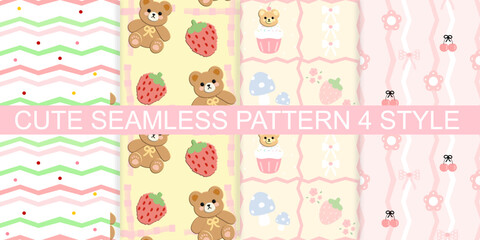 Fototapeta premium set of bears seamless patterns , fabric pattern , gift wrapping paper, checkered pattern 