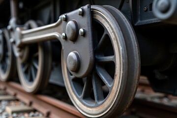 A close-up photograph of a shiny train wheel flange, with polished steel and track dust