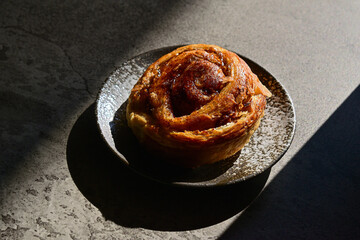 Close up view of Danish roll on the plate with sun light and shadows. Dark, black, pastry, sweet bun, sugar, bread. grey or gray cement on the background.