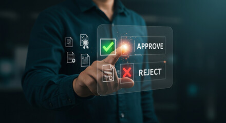 Digital Workflow Automation: Man Approving Documents on a Virtual Interface