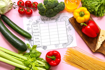 Healthy products and weekly meal plan on pink background. Diet concept