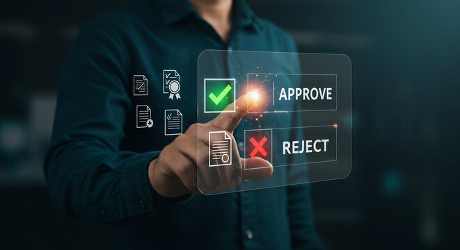 Digital Workflow Automation: Man Approving Documents on a Virtual Interface - Powered by Adobe