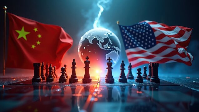 Ultradetailed cinematic scene of the American and Chian ,american flag with people and globe