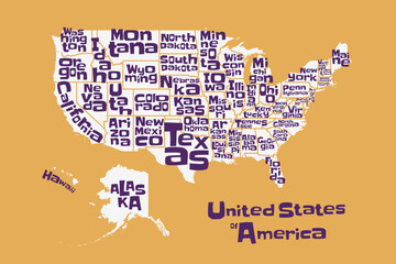 Flat Cartoony style map of USA vector.