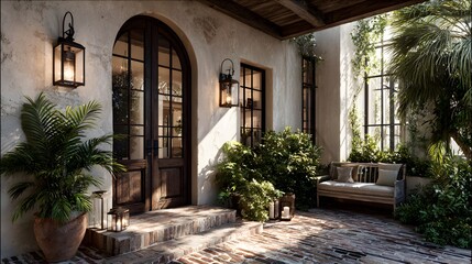 Fototapeta premium An inviting spanish style courtyard entryway features warm light and lush plants creating a relaxing atmosphere.