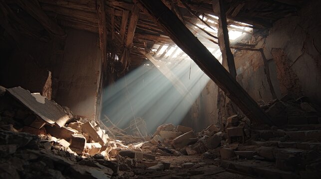 and keyword list based on the image

 Sunbeams Illuminate Ruined Attic Interior Debris, Collapsed Roof in Crumbling Building
