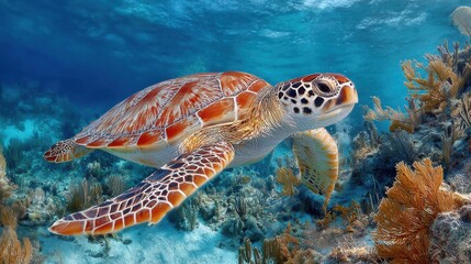 Fototapeta premium A sea turtle glides effortlessly through the ocean, surrounded by colorful coral reefs and marine flora. Sunlight filters through the water, highlighting the peaceful underwater environment.