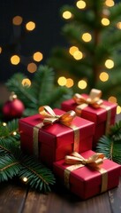 Luxury Christmas presents with fir branches, golden wrapping, twinkling lights , atmospheric, festive
