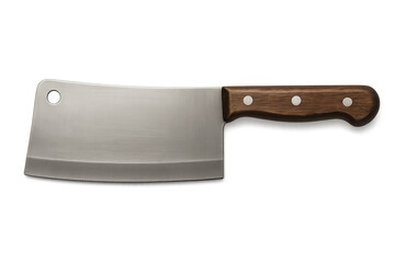 Sharp meat cleaver with wooden handle, professional butchery tool resting on clean transparent surface