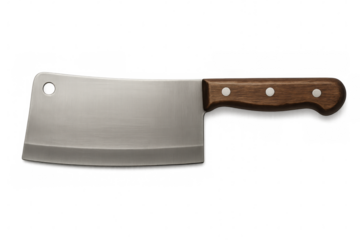 Sharp meat cleaver with wooden handle, professional butchery tool resting on clean transparent surface