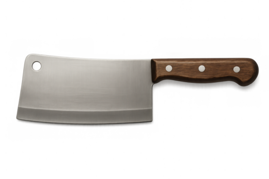 Sharp meat cleaver with wooden handle, professional butchery tool resting on clean transparent surface - Powered by Adobe