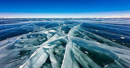 A stunning view of cracked ice formations on a frozen lake under a clear blue sky - Powered by Adobe
