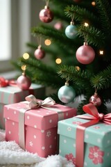 Pastel colored Christmas baubles & wrapped gifts under tree , still life, joy
