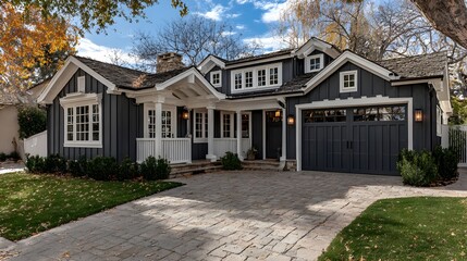 Naklejka premium A beautiful dark gray modern farmhouse style home with white trim and a cobblestone driveway in autumn season.