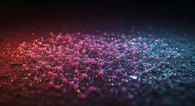 Interconnected Network Abstract Molecular Structure with Red and Blue Lights Displaying Complex Scientific Data