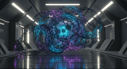 Abstract Sphere in a Modern Corridor Digital Art Installation in Futuristic Space with Geometric  Complexity and Blue-Purple Hues.