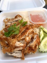 rice Chicken and rice Fried Chicken on foam box , thai Food style